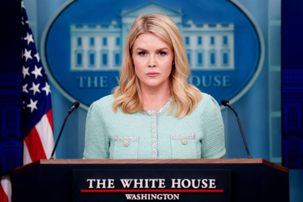 White House Press Secretary Karoline Leavitt takes a question from a reporter during the daily press briefing at the White House on March 11, 2025 in...
